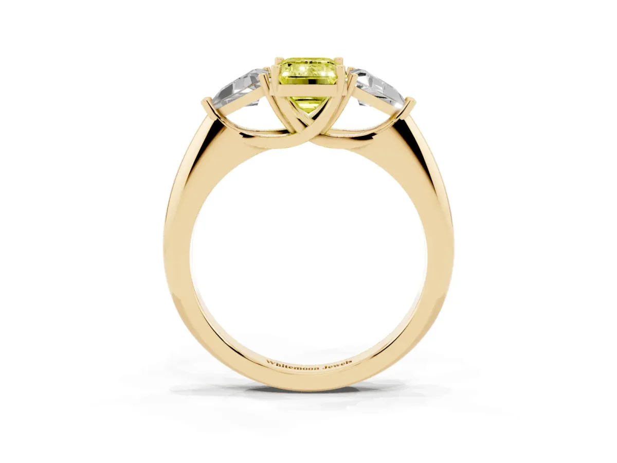 Fancy Yellow Three-Stone Emerald Cut Diamond Engagement Ring with Trillion Side Stones and Prong Setting Yellow gold