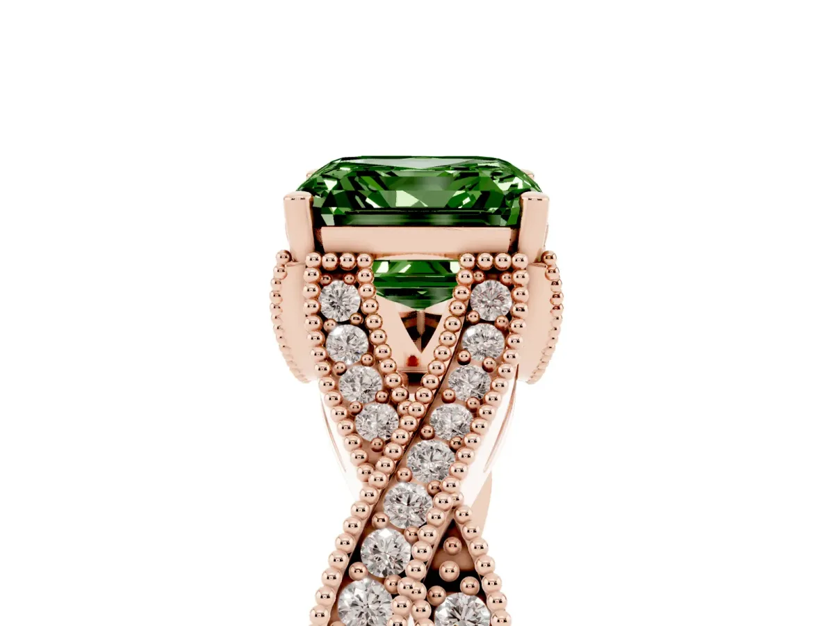 Fancy Green Asscher Cut Cut Diamond Twisted Band with Milgrain Pave Setting and Four-Prong Setting Rose gold