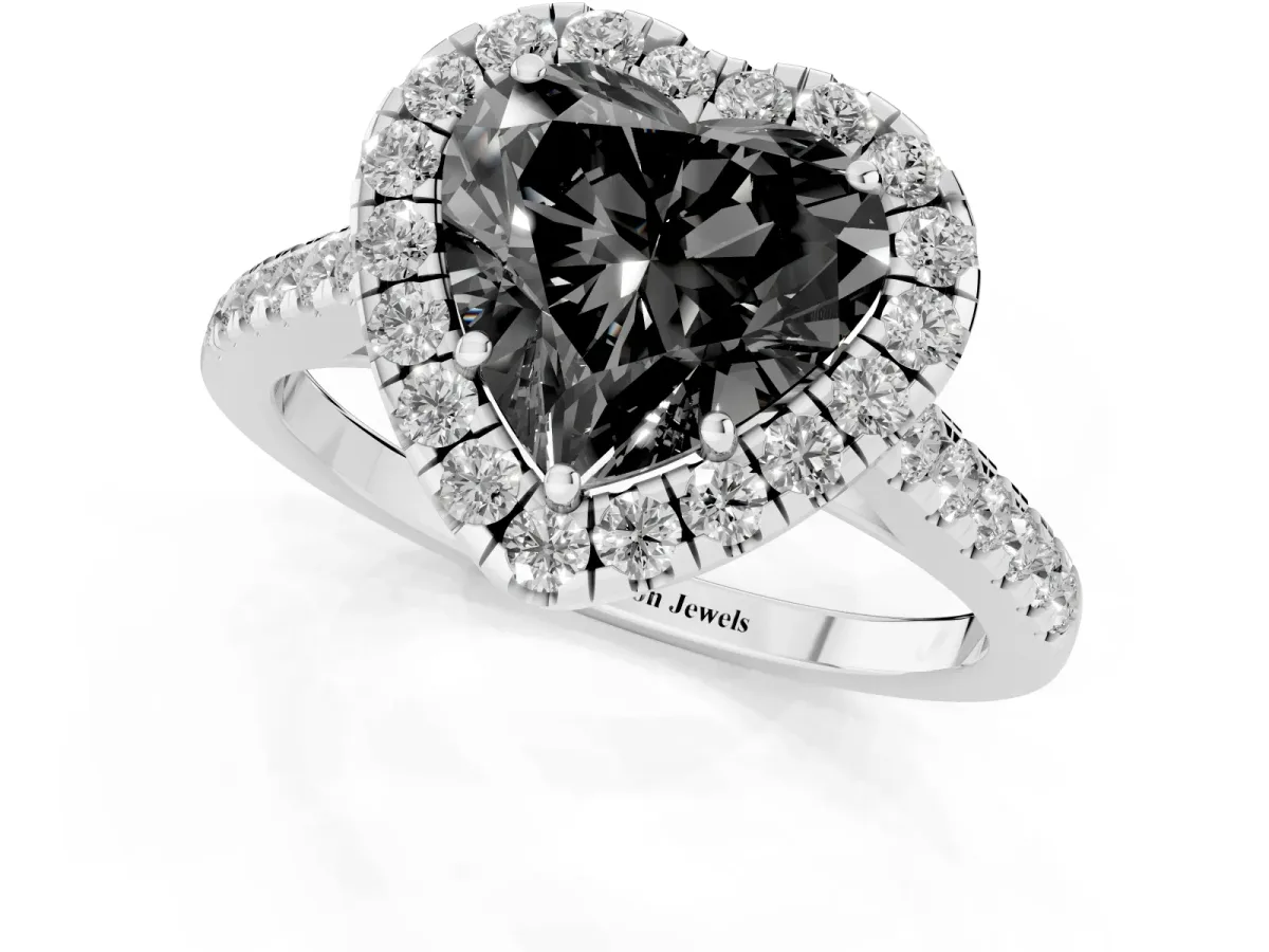 Fancy Black Heart Cut Halo Pave Diamond Engagement Ring with Four-Prong Setting Silver