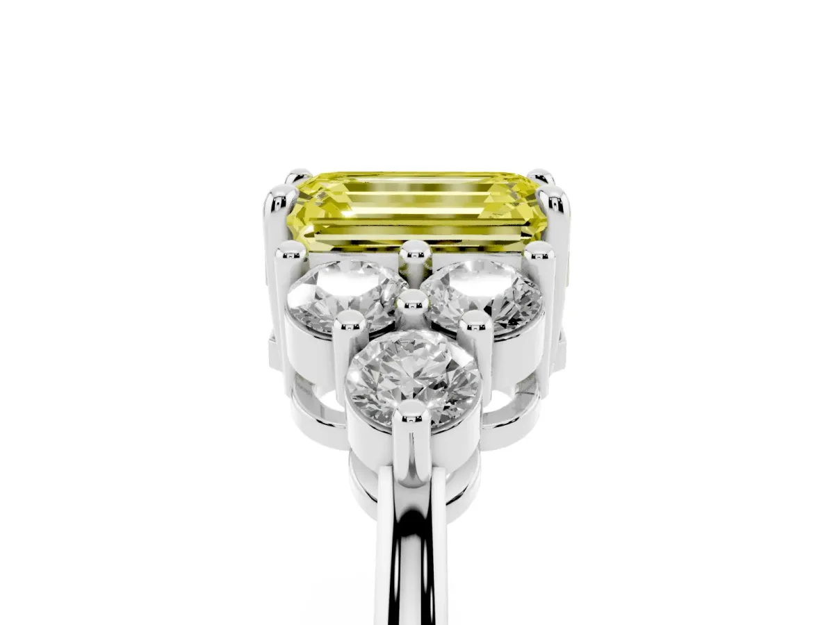 Fancy Yellow Emerald Cut Brilliant Diamond Cluster Accent Solitaire Ring with Prong Setting White gold