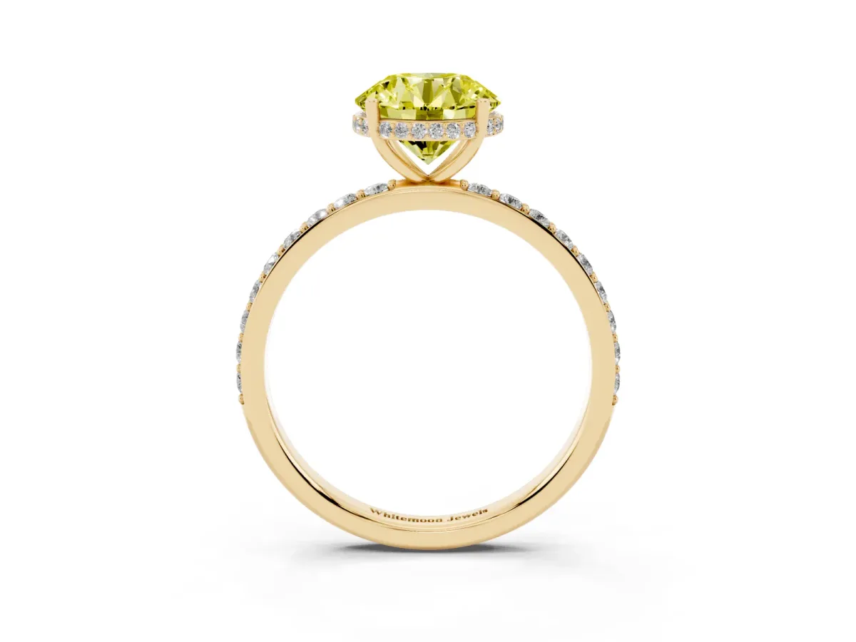 Fancy Yellow Round Cut Diamond Solitaire Ring with Pavé Band and Hidden Halo Yellow gold