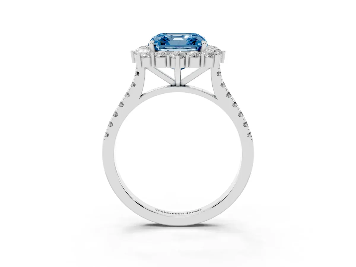 Fancy Blue Asscher Cut Halo Diamond Ring with Pavé Band and Prong Setting Silver