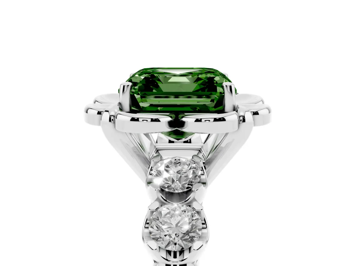 Fancy Green Asscher Cut Cut Diamond Floral Halo Engagement Ring with Shared Prong Setting Silver