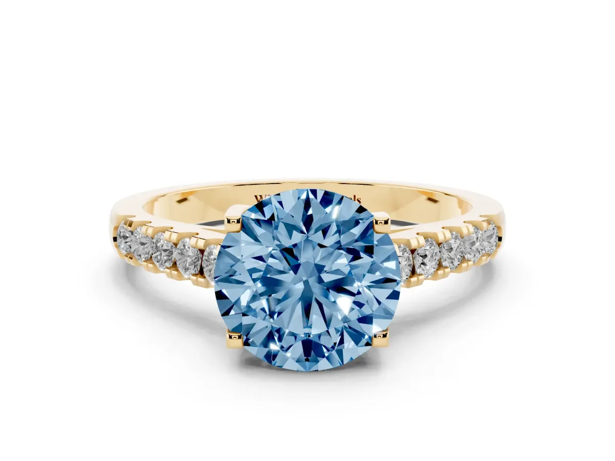 Fancy Blue Round Cut Diamond Pavé Band Solitaire Ring with Prong Setting Yellow gold