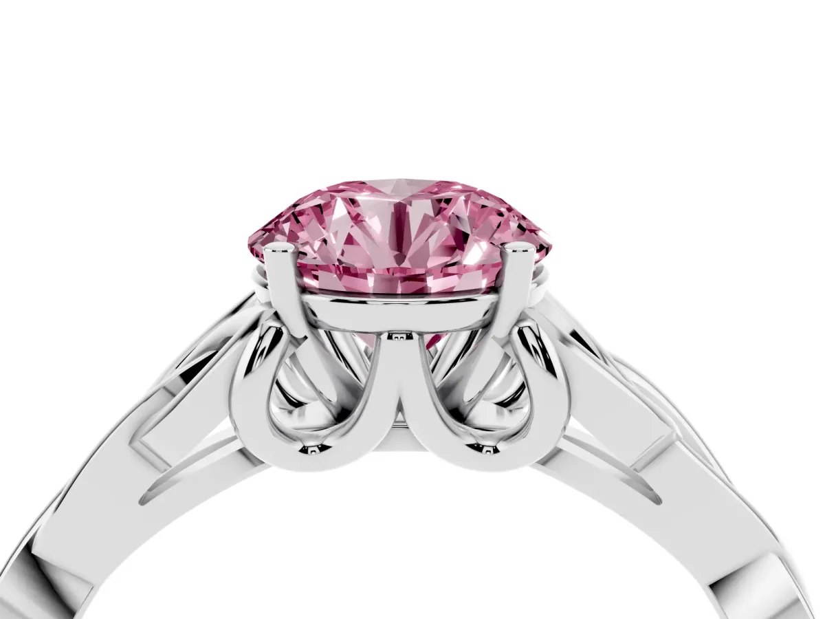 Fancy Pink Round Cut Diamond Solitaire Engagement Ring with Celtic Knot Band and Four-Prong Setting Silver