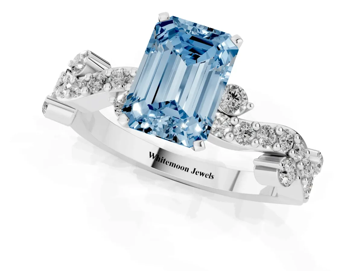 Fancy Blue Emerald Cut Cut Solitaire Diamond Twisted Band with Pave Setting White gold