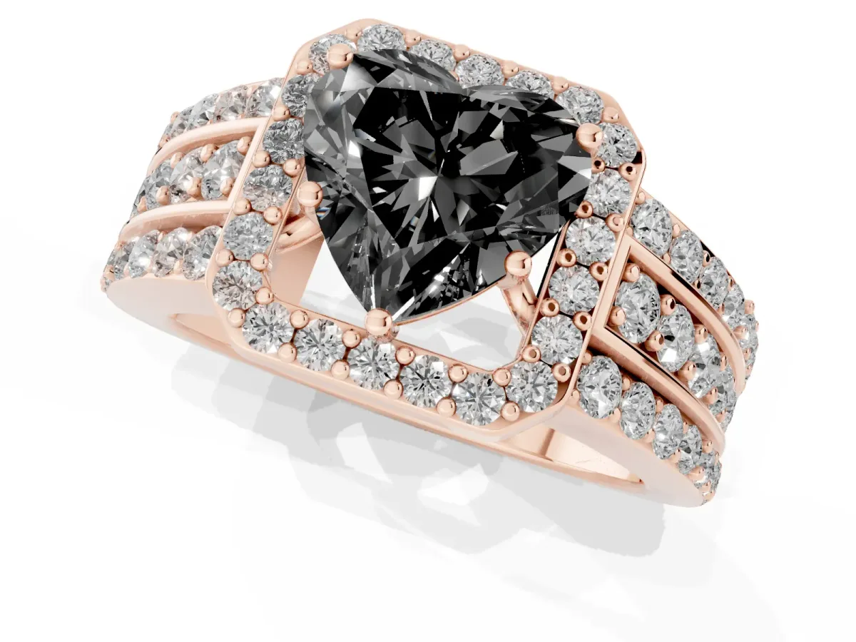 Fancy Black Heart Cut Halo Diamond Ring with Round Split Shank and Prong Setting Rose gold