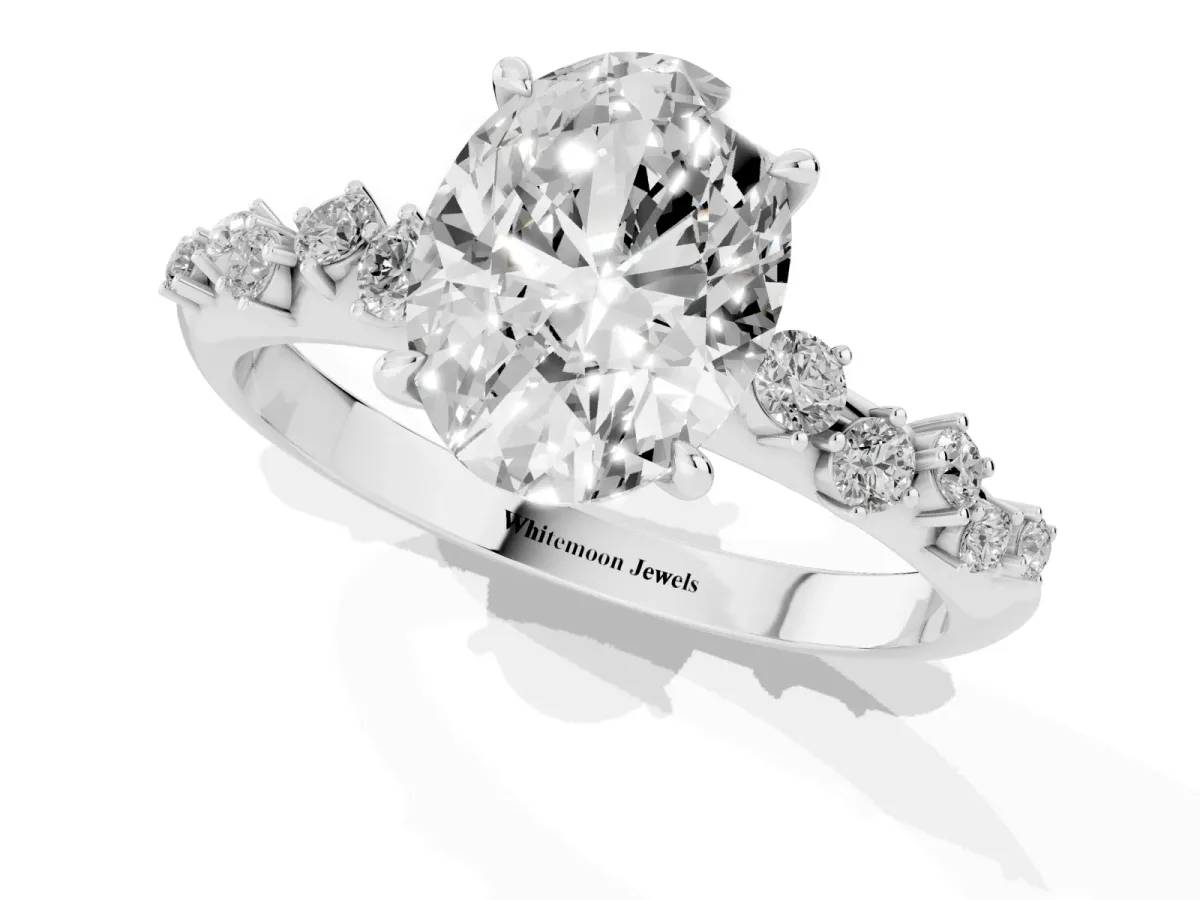 Oval Cut Diamond Cluster Side Stone Solitaire Ring with Prong Setting Silver