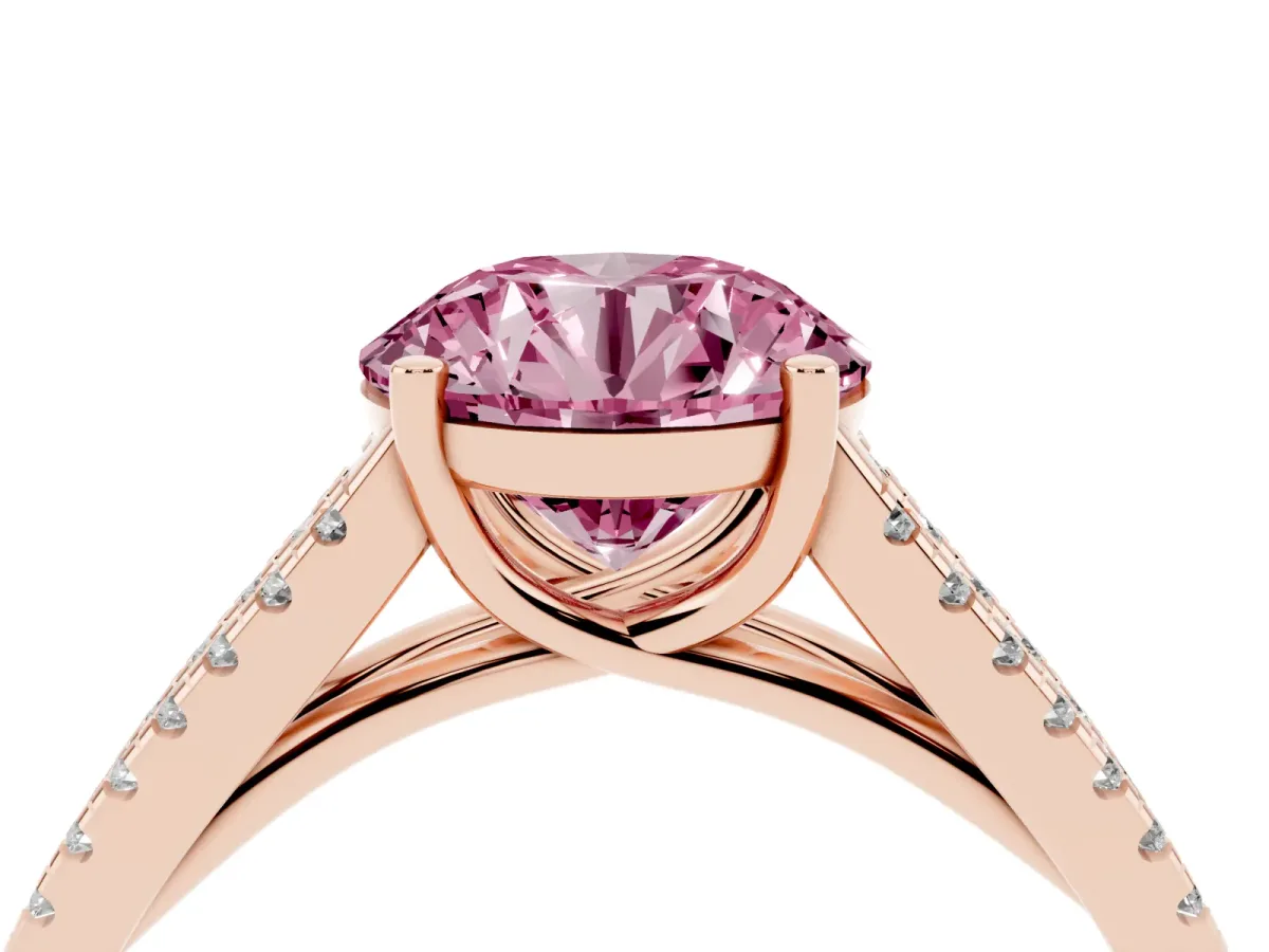 Fancy Pink Round Cut Diamond Solitaire Engagement Ring with Split Shank Pavé Band Rose gold
