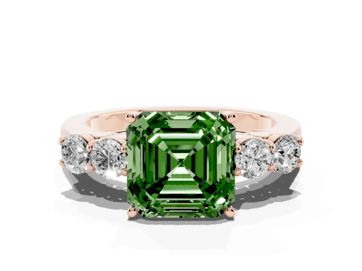 Fancy Green Asscher Cut Cut Diamond Five-Stone Prong Set White Gold Ring Rose gold