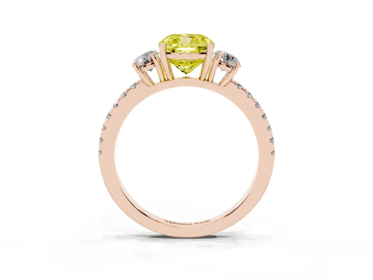 Fancy Yellow Three-Stone Cushion Cut Cut Diamond Pavé Band with Prong Setting Rose gold