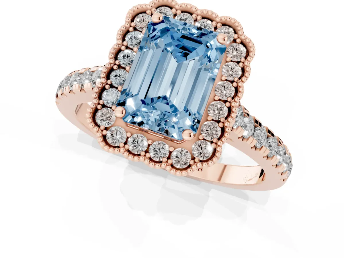 Fancy Blue Emerald Cut Cut Diamond Milgrain Floral Halo Engagement Ring with Pavé Band Rose gold