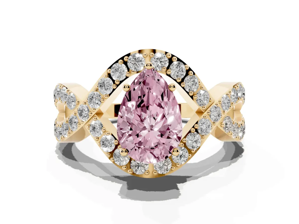 Fancy Pink Pear Cut Solitaire Twist Band Pavé Diamond Engagement Ring Yellow gold
