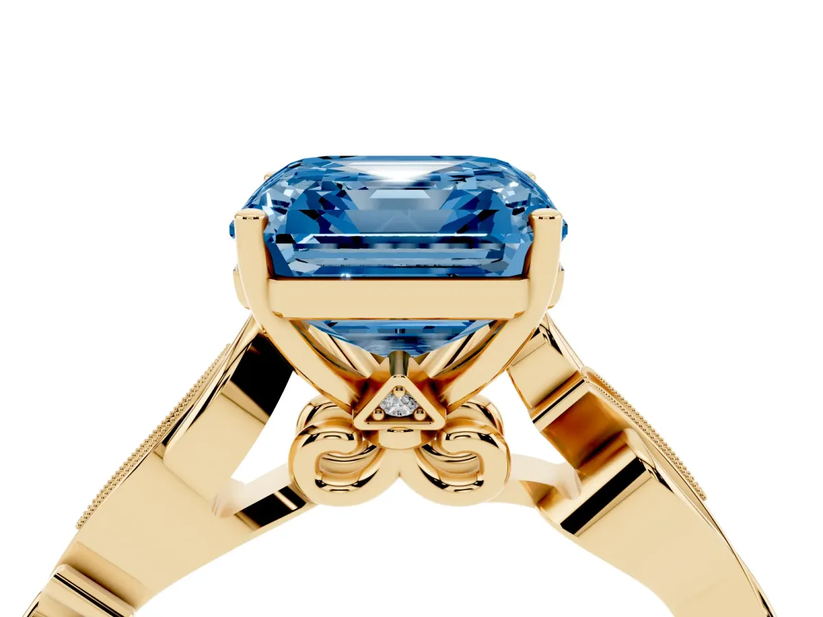 Fancy Blue Asscher Cut Solitaire Vine Band with Milgrain Prong Setting Yellow gold