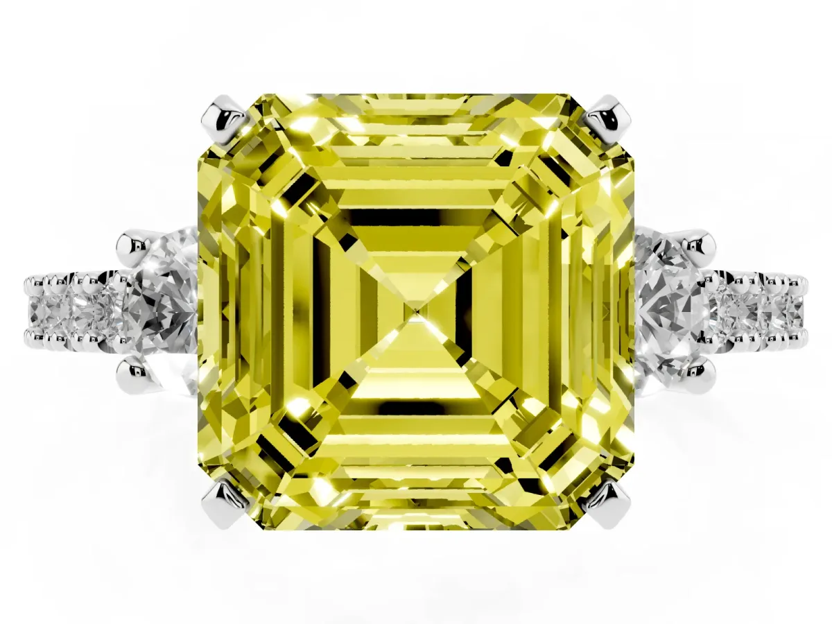 Fancy Yellow Asscher Cut Three-Stone Diamond Pavé Band with Prong Setting Silver