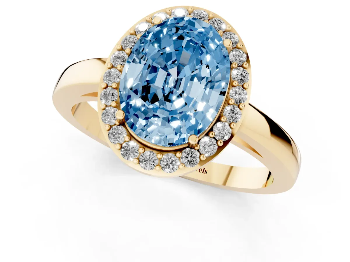 Fancy Blue Oval Cut Halo Diamond Ring with Solitaire Band and Prong Setting Yellow gold