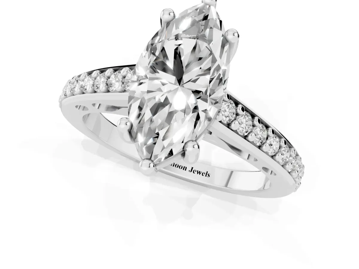 Marquise Cut Solitaire Prong Set Diamond Engagement Ring with Pave Band Platinum