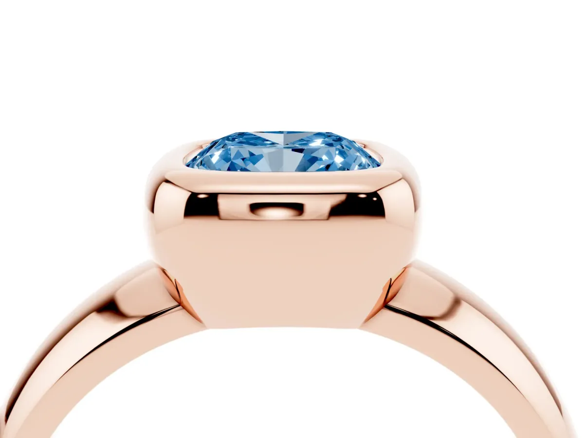 Fancy Blue Bezel Set Cushion Cut Solitaire Ring with Wide Band Rose gold