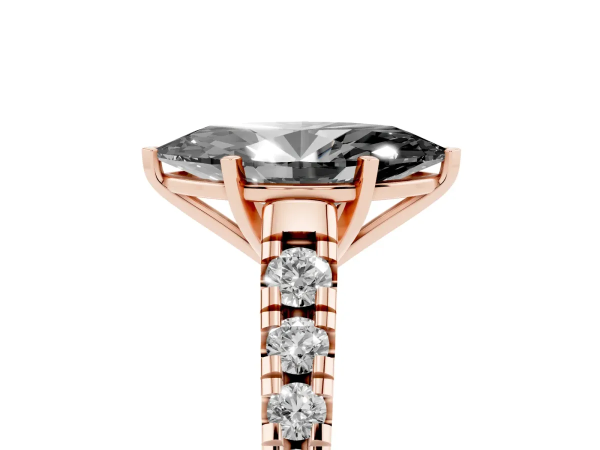 Fancy Black Marquise Cut Diamond Cathedral Solitaire Ring with Round Pavé Band Rose gold