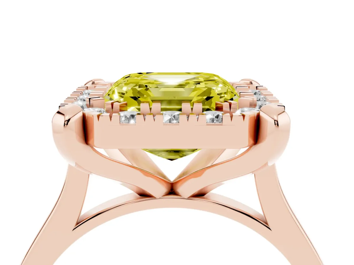 Fancy Yellow Asscher Cut Diamond Cluster Halo Solitaire with Four-Prong Setting Rose gold