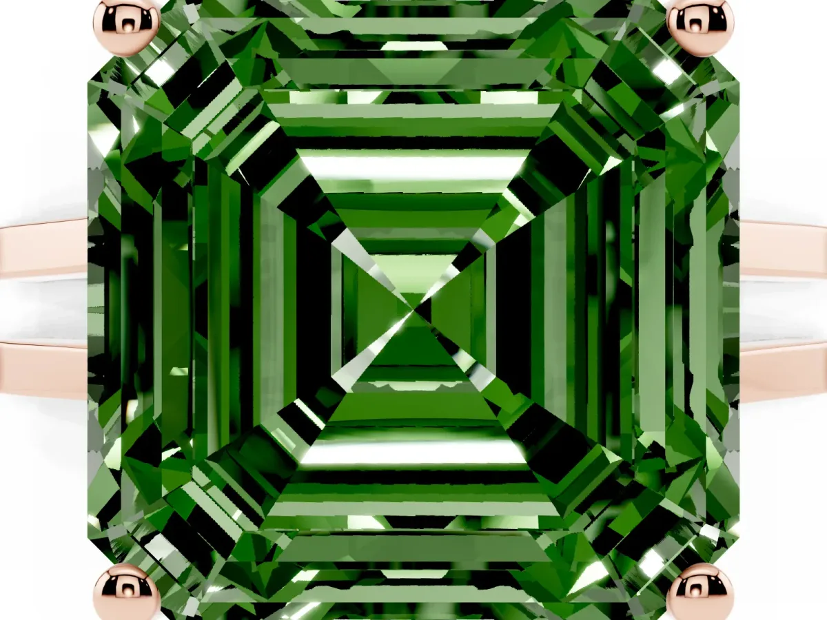 Fancy Green Asscher Cut Cut Diamond Solitaire Engagement Ring with Tapered Plain Band and Four-Prong Setting Rose gold
