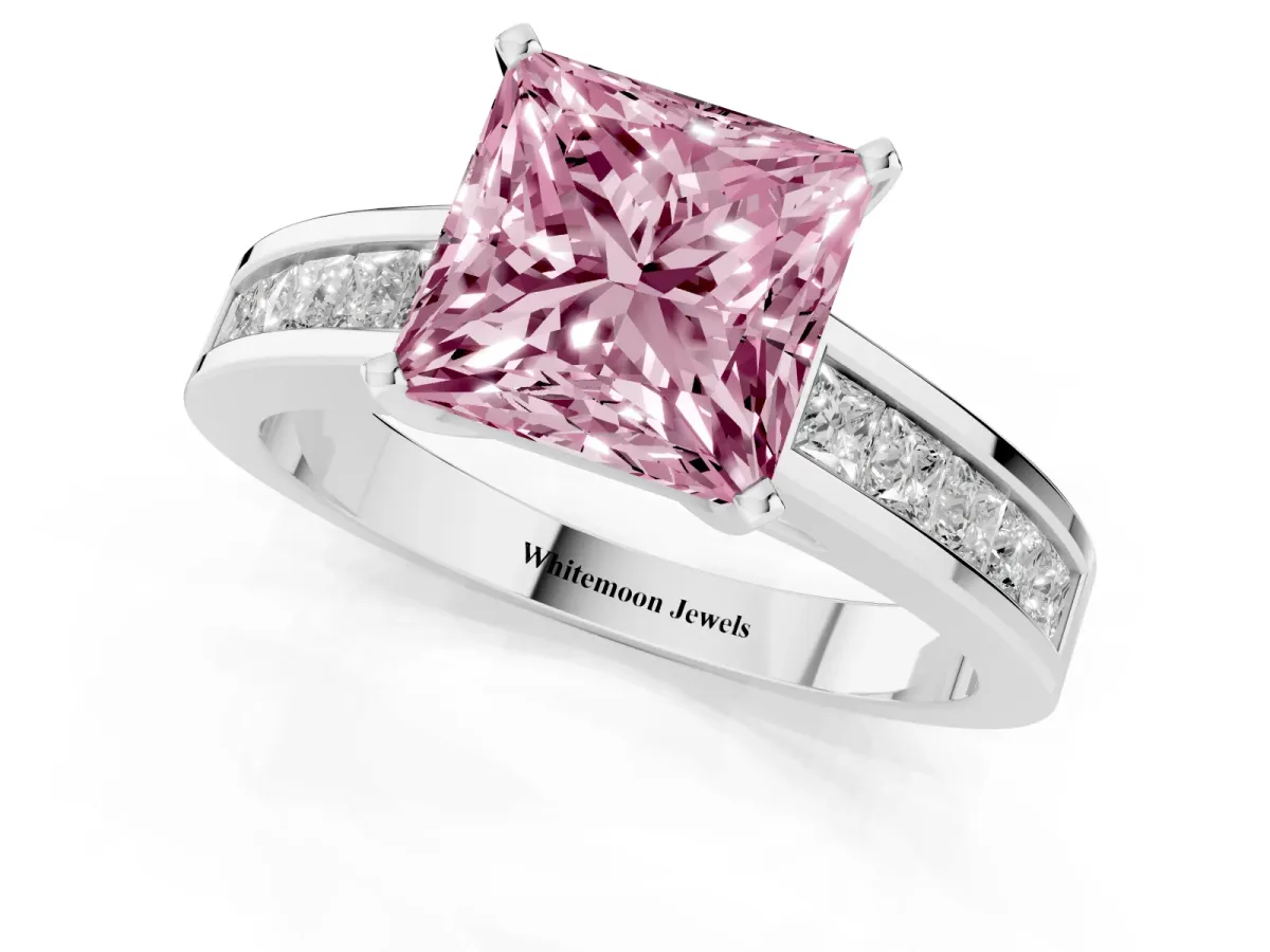 Fancy Pink Princess Cut Solitaire Diamond Ring with Channel-Set Band and Four-Prong Setting White gold
