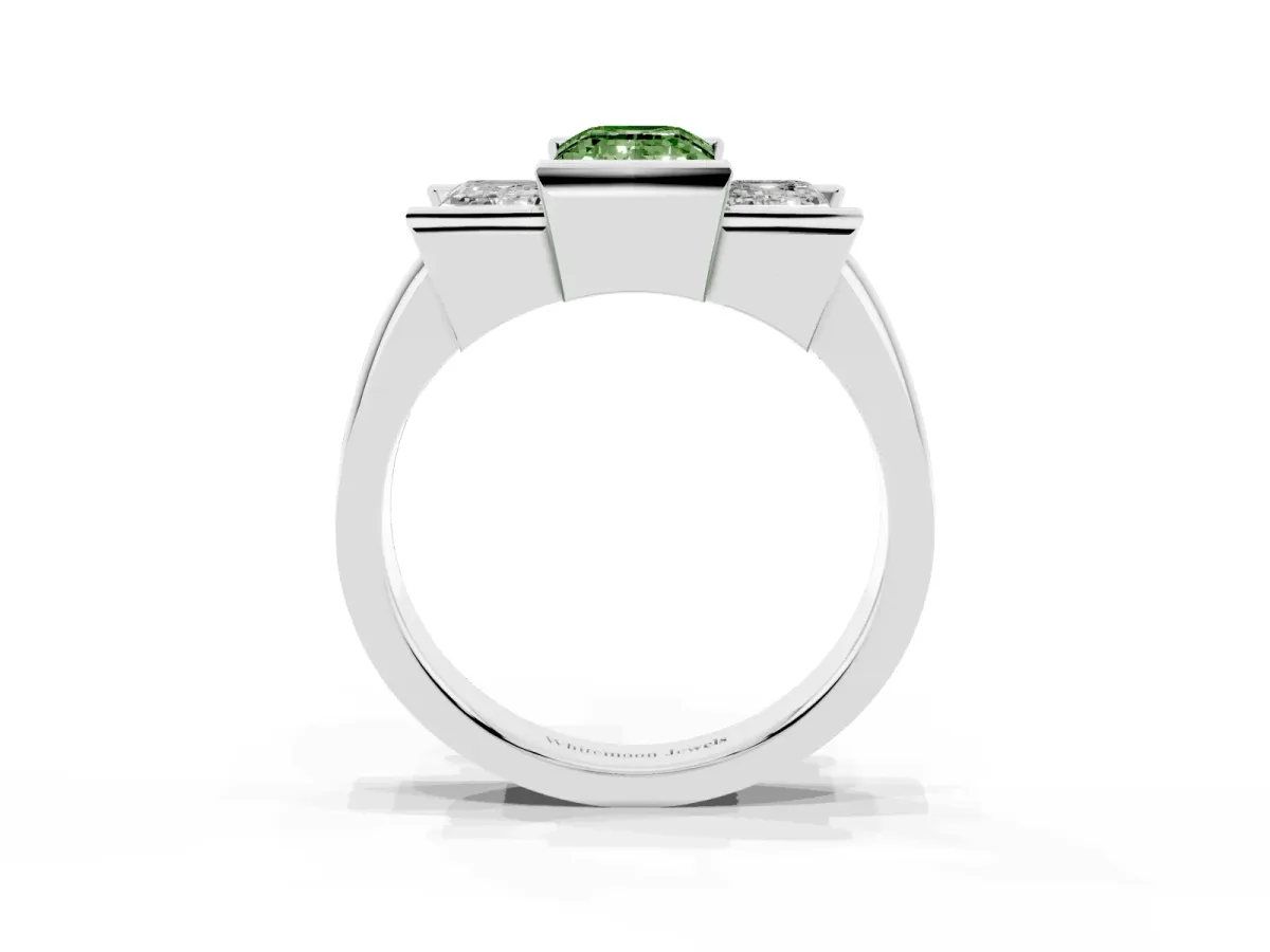 Fancy Green Three Stone Emerald Cut Cut Channel Set Diamond Ring Platinum