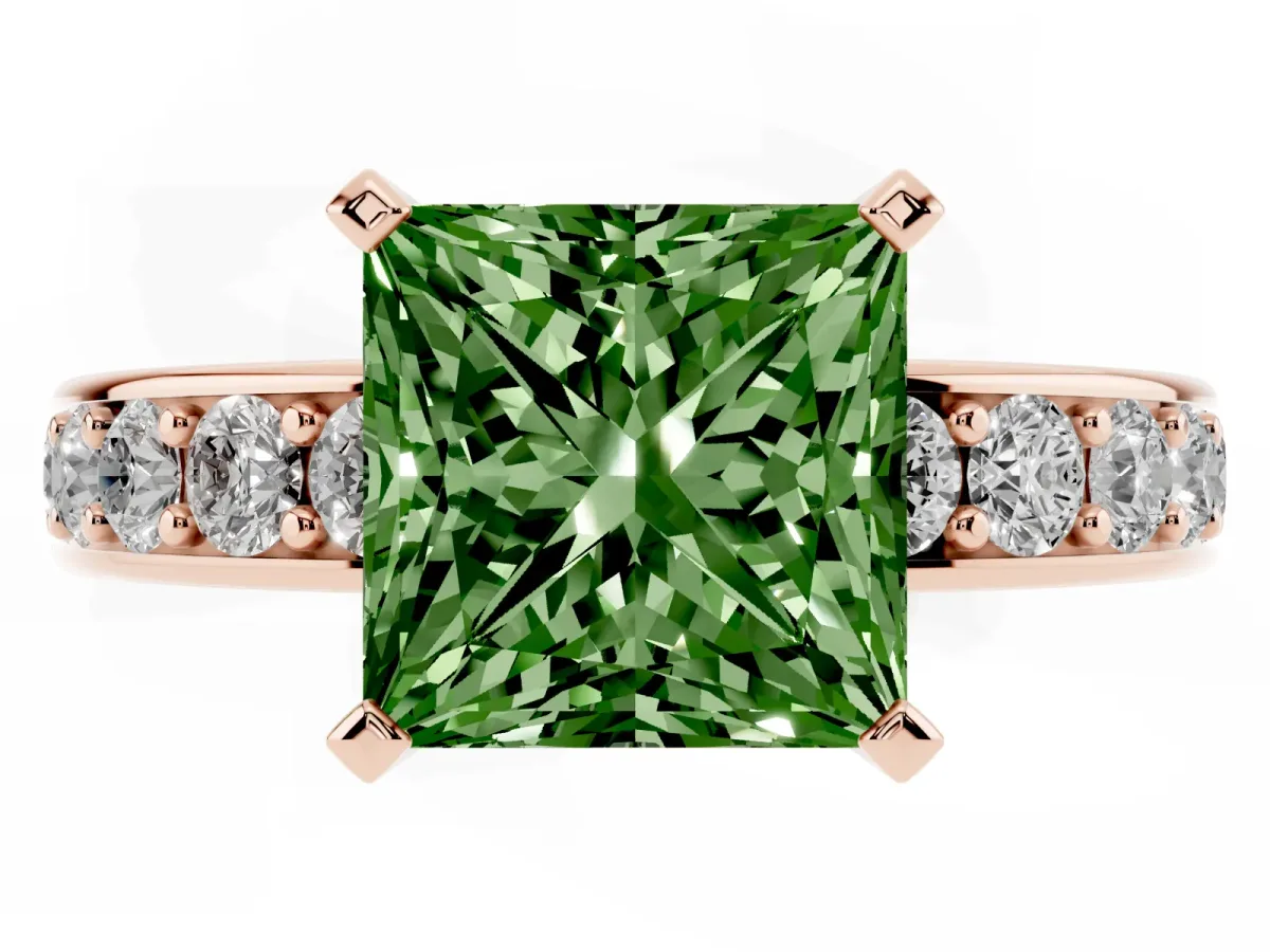 Fancy Green Princess Cut Diamond Engagement Ring with Channel Set Round Band and Prong Setting Rose gold