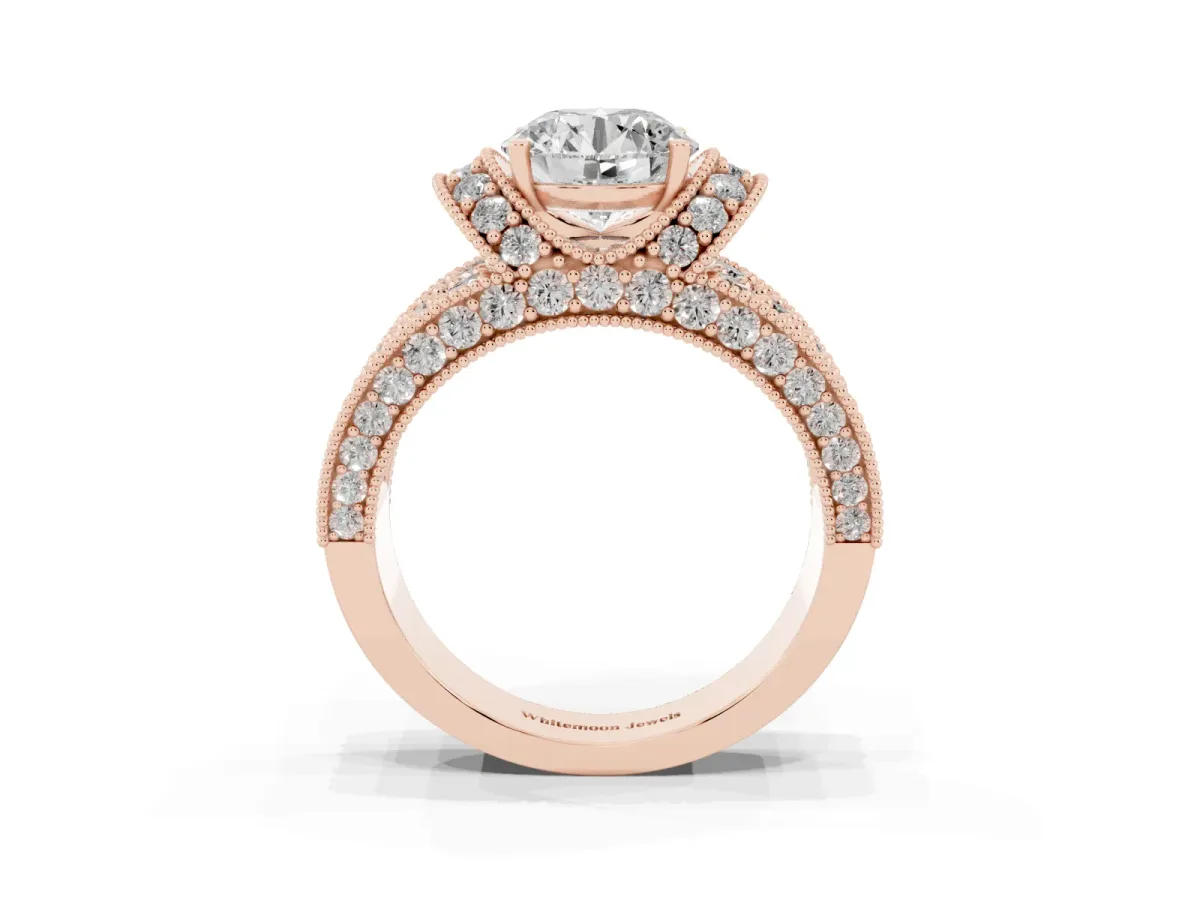 Round Cut Halo Pave Diamond Engagement Ring with Milgrain Detailing Rose gold