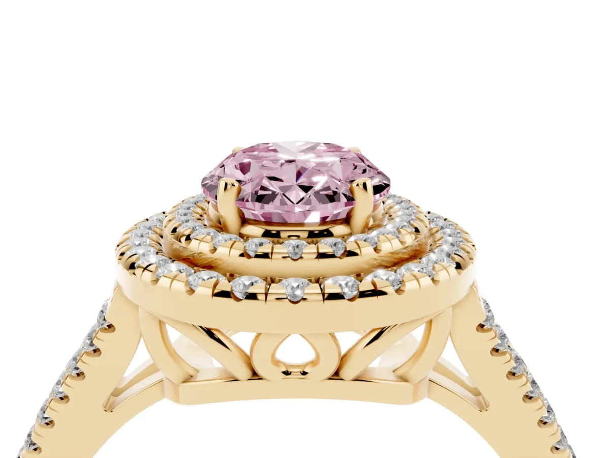 Fancy Pink Oval Cut Diamond Double Halo Ring with Pavé Band and Prong Setting Yellow gold