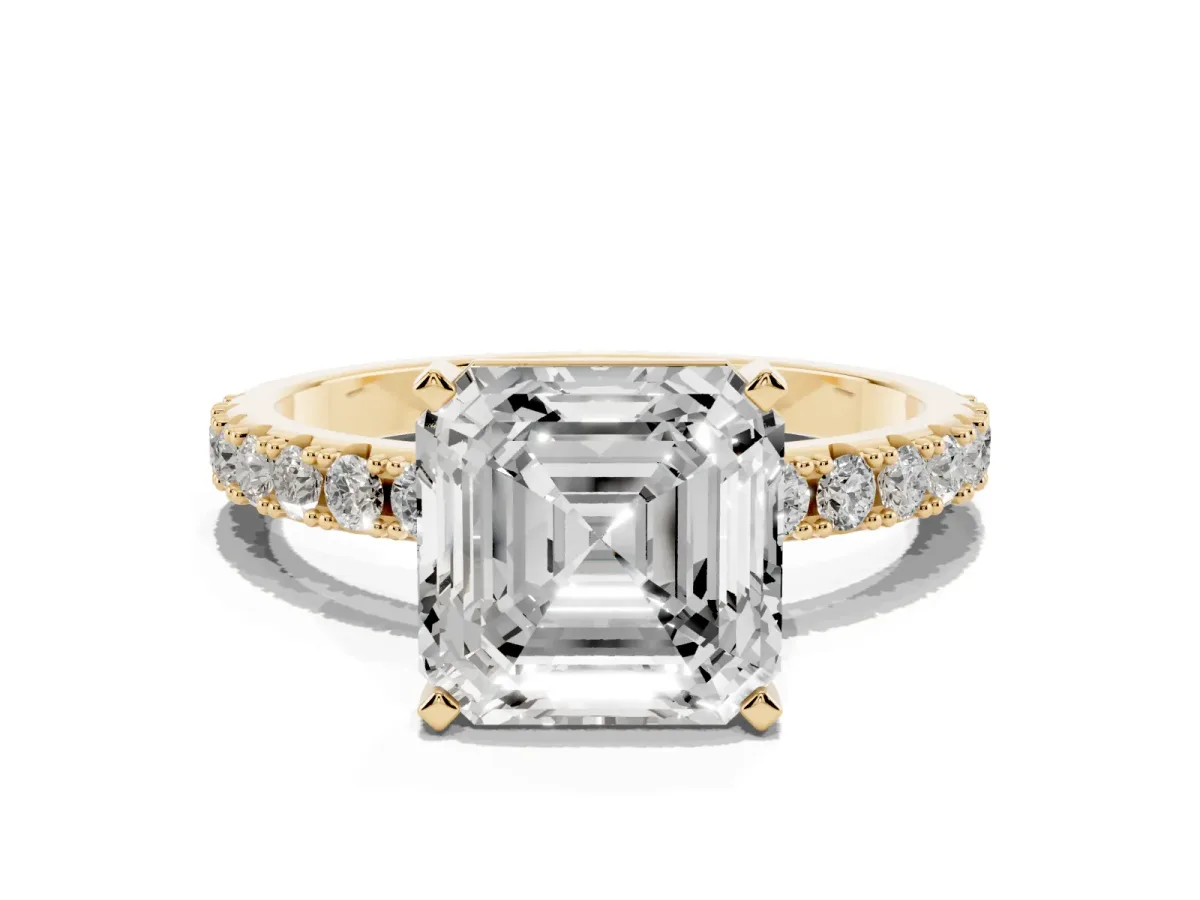 Asscher Cut Diamond Solitaire Pavé Band with Four-Prong Setting Yellow gold