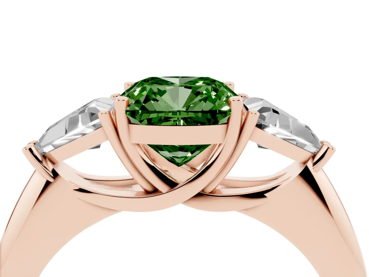 Fancy Green Three-Stone Cushion Cut Diamond Engagement Ring with Trillion Side Stones and Prong Setting Rose gold
