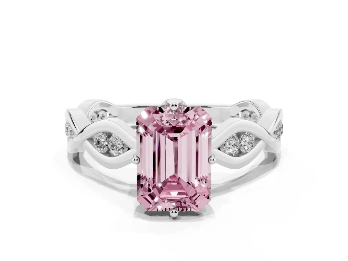 Fancy Pink Emerald Cut Solitaire Twist Band with Leaf Prong Setting White gold