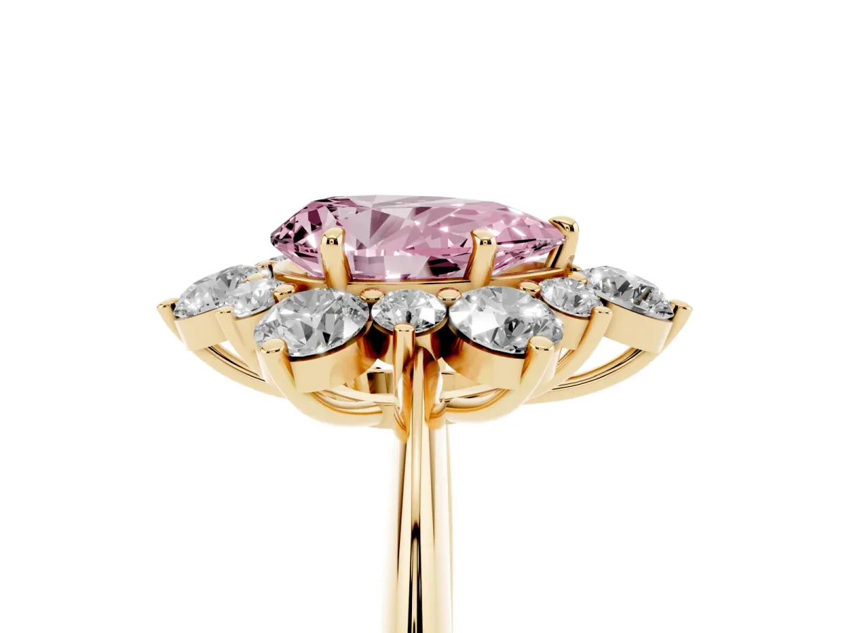 Fancy Pink Pear Cut Diamond Cluster Halo Ring with Solitaire Band and Four-Prong Setting Yellow gold