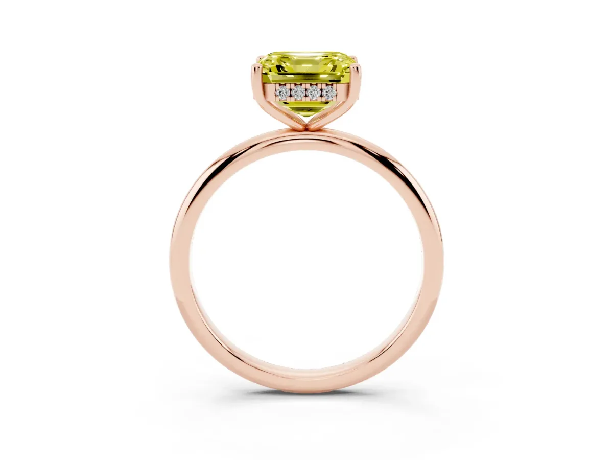 Fancy Yellow Asscher Cut Cut Solitaire Engagement Ring with Four-Prong Setting and Classic Band Rose gold