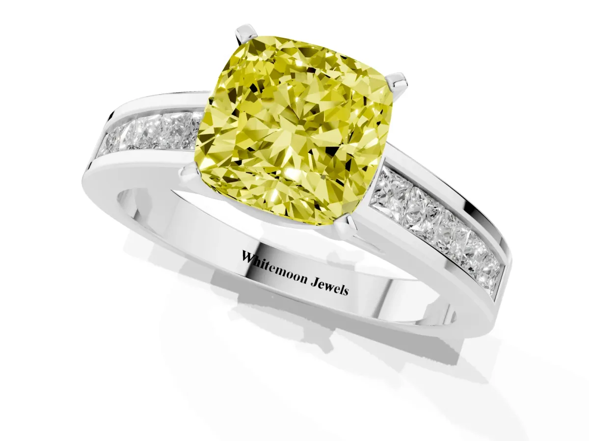 Fancy Yellow Cushion Cut Solitaire Diamond Ring with Channel-Set Band and Four-Prong Setting White gold