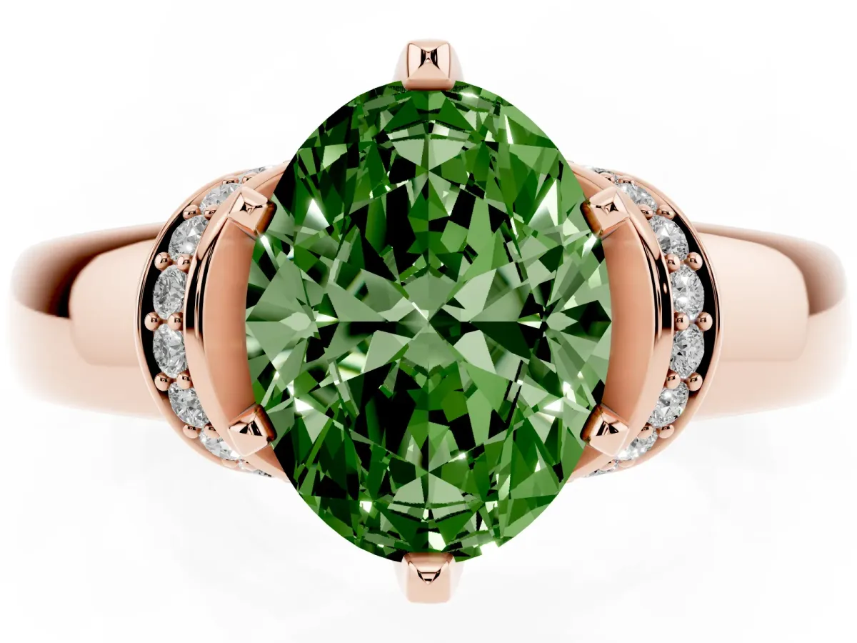 Fancy Green Oval Cut Solitaire Diamond Ring with Pave Band and Six-Prong Setting Rose gold
