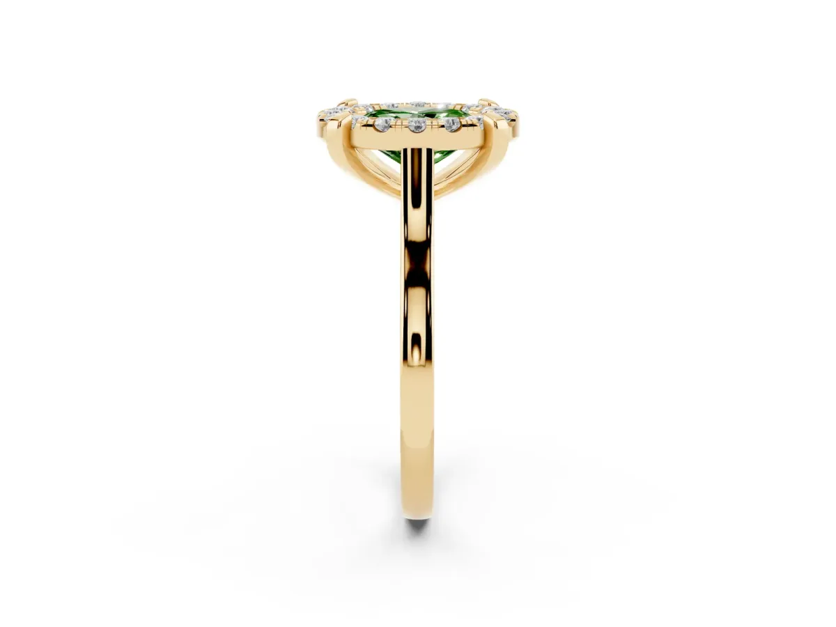 Fancy Green Oval Cut Diamond Cluster Halo Solitaire with Four-Prong Setting Yellow gold
