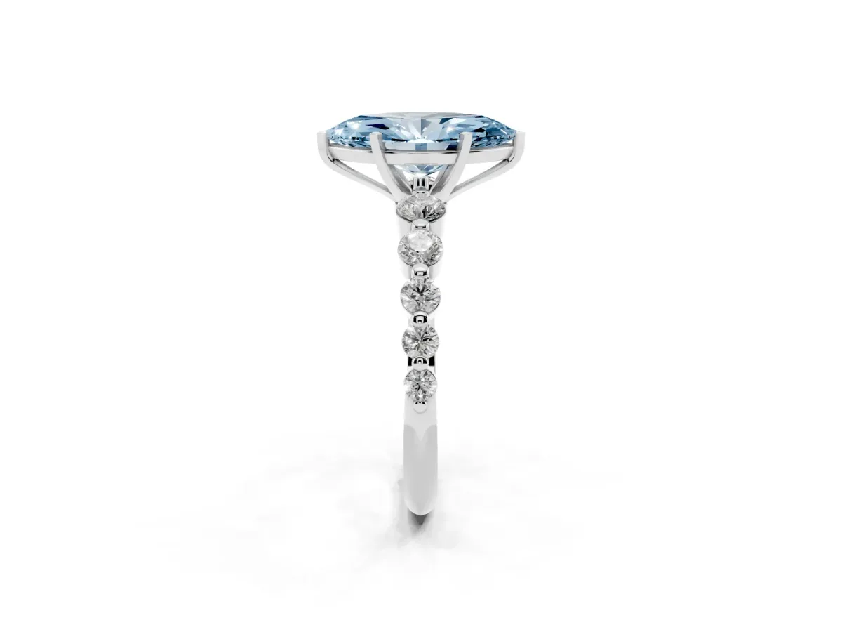 Fancy Blue Marquise Cut Solitaire Diamond Ring with Pave Band and Four-Prong Setting Silver