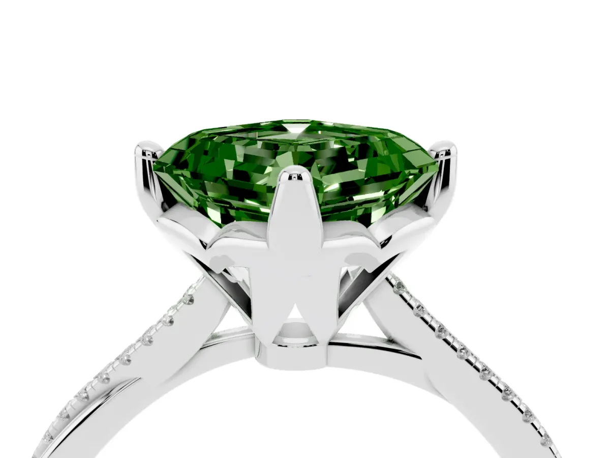 Fancy Green Asscher Cut Solitaire Twist Band with Pavé Diamonds and Four-Prong Setting White gold