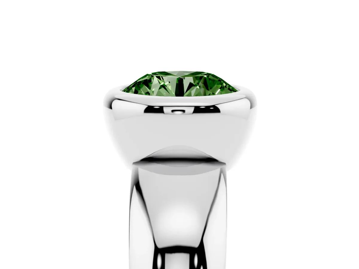 Fancy Green Bezel Set Round Cut Solitaire Ring with Wide Band Silver