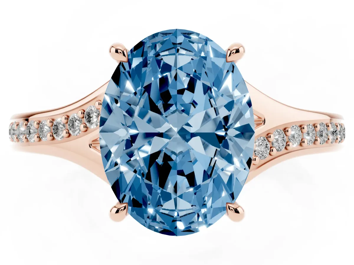 Fancy Blue Oval Cut Diamond Solitaire Ring with Pavé Band and Prong Setting Rose gold
