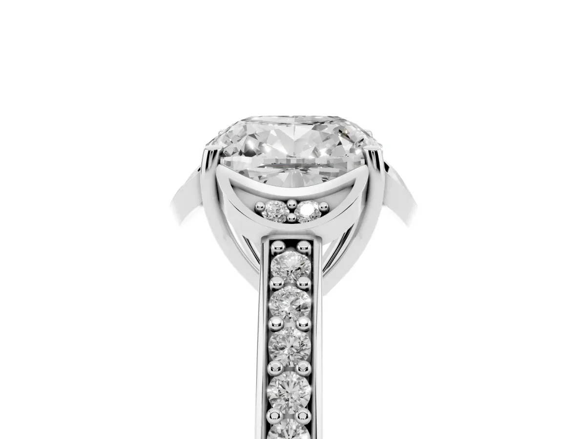 Cushion Cut Cut Halo Diamond Ring with Channel Set Band and Four-Prong Setting Platinum