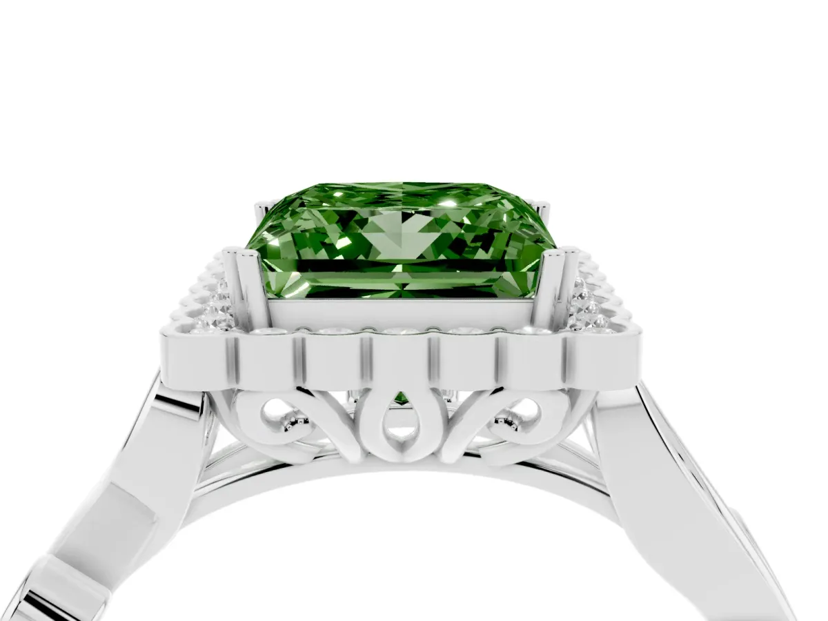 Fancy Green Princess Cut Diamond Halo Ring with Vintage Split Shank and Four-Prong Setting Platinum