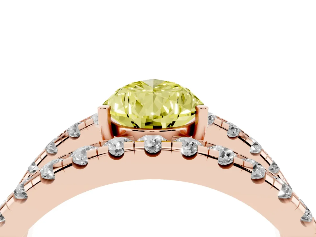 Fancy Yellow Pear Cut Solitaire Split Shank Pave Diamond Ring Rose gold