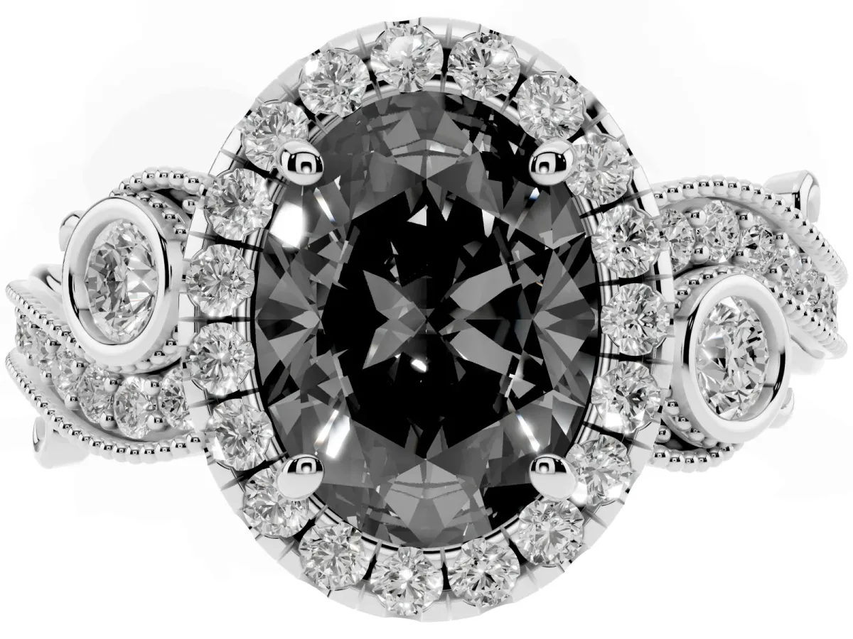 Fancy Black Oval Cut Halo Diamond Ring with Milgrain and Bezel Accents on a Split Shank Band Platinum