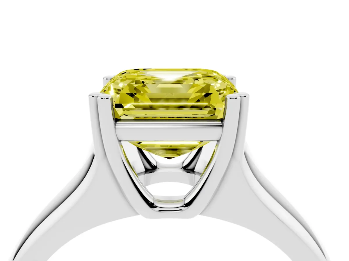 Fancy Yellow Asscher Cut Diamond Solitaire Ring with Wide Band and Prong Setting Platinum