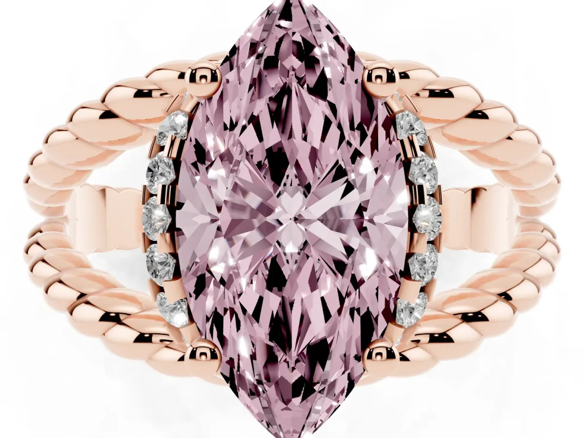 Fancy Pink Marquise Cut Halo Twisted Band Four-Prong Ring Rose gold
