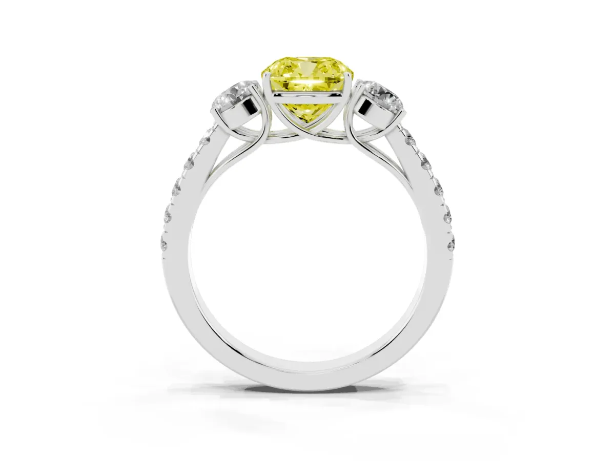 Fancy Yellow Cushion Cut Cut Diamond Three-Stone Ring with Round Side Stones and Pavé Band Silver