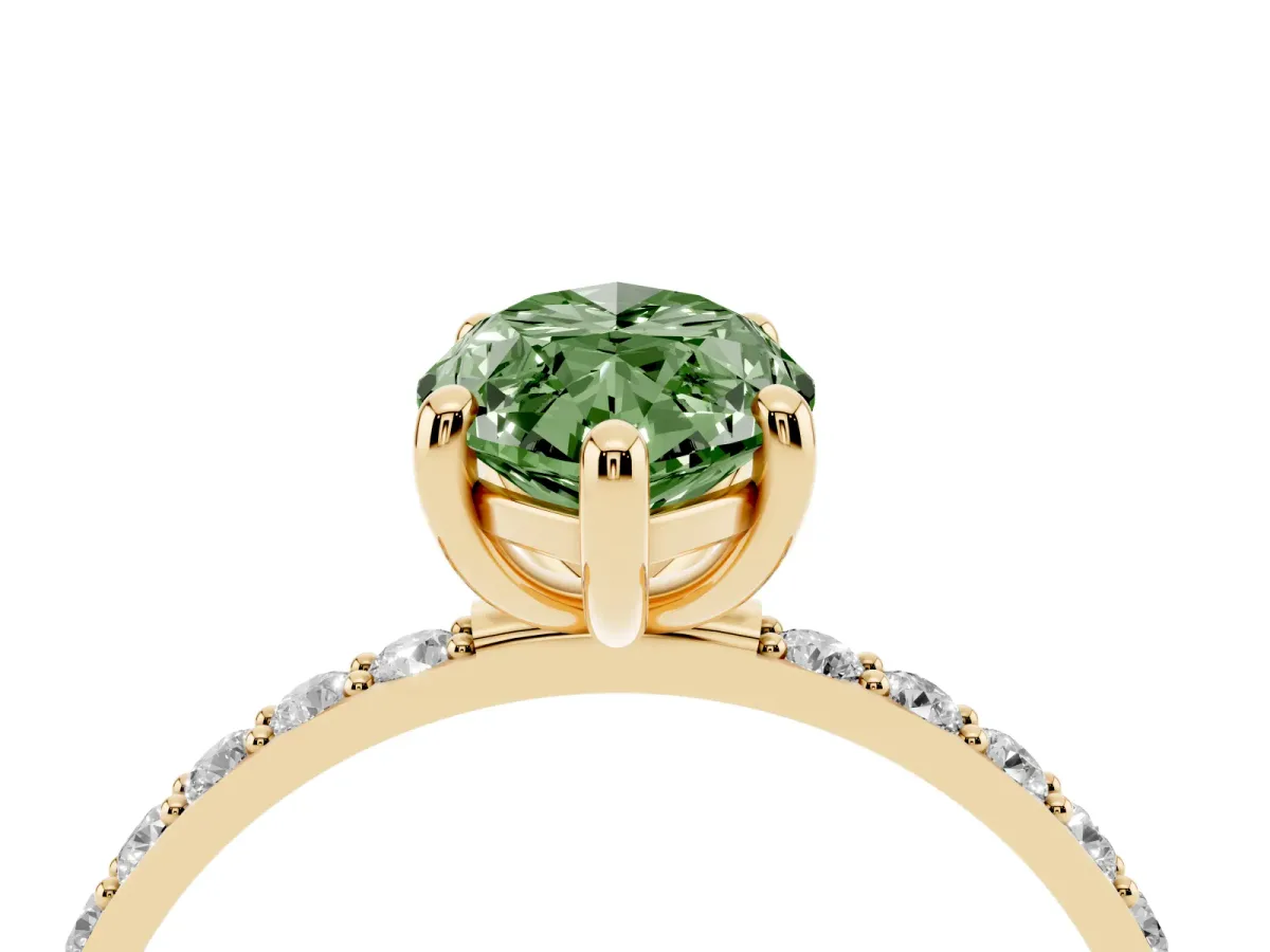 Fancy Green Marquise Cut Diamond Solitaire Ring with Round Pavé Band and Prong Setting Yellow gold